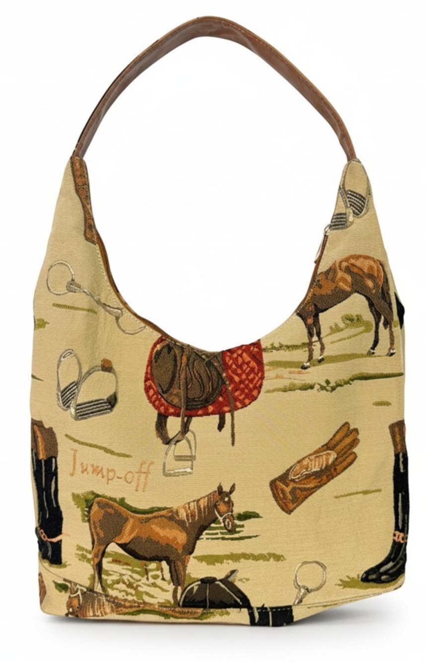 Signare Hobo Bag English Horse Riding Equestrian Print Tan Woven Tapestry Purse